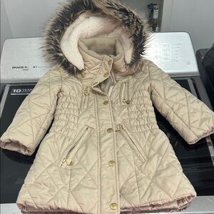 Girls 2/3 faux fur trim hood zipper trench puffer coat gold